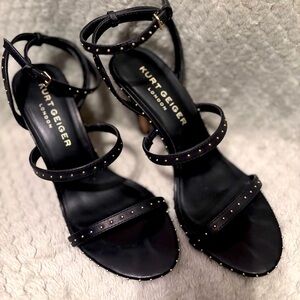 KURT GEIGER Black Ankle Strap Studded Portia Round Toe Stiletto Leather Shoes